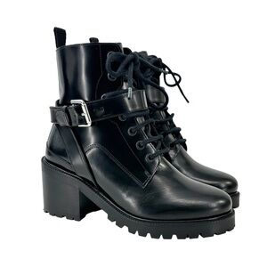 NWOB Maje Frank Black Buckled Strap Block Heel Leather Ankle Boots Booties